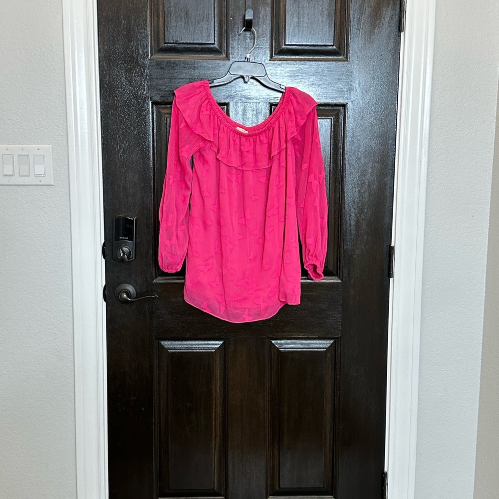 Michael Kors Sheer Fuchsia Off-the-Shoulder Top Large